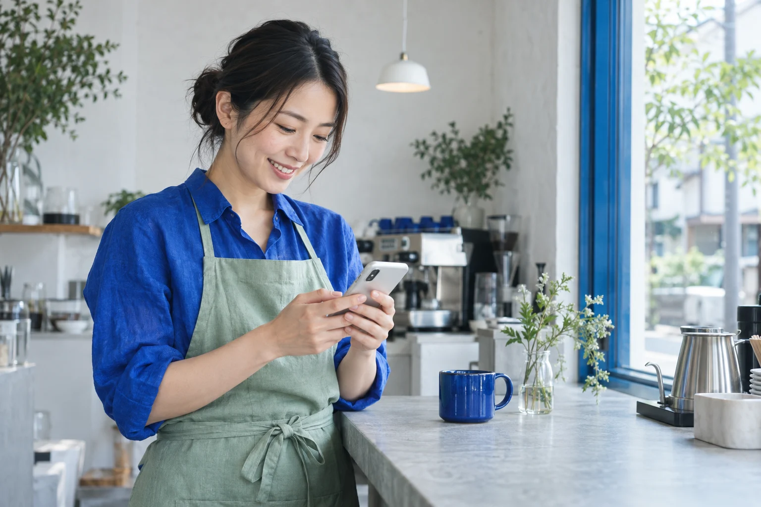 カフェの仕事の合間にスマートフォンを確認する店舗オーナーのイメージ